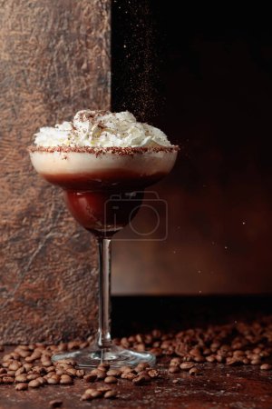 Photo for Coffee and chocolate cocktail with whipped cream sprinkled with chocolate chips. Copy space. - Royalty Free Image