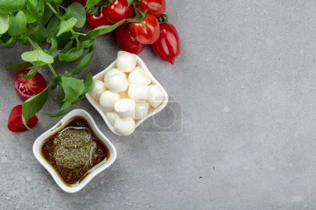 Foto de Queso mozzarella con albahaca, salsa de pesto y tomates en una mesa de piedra vieja. Snack italiano tradicional. - Imagen libre de derechos