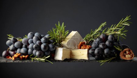 Téléchargez les photos : Camembert au fromage avec noix, raisins bleus et romarin sur fond noir. - en image libre de droit
