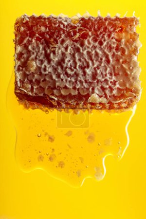 Téléchargez les photos : Honeycomb and flowing honey on a yellow background. Copy space. - en image libre de droit