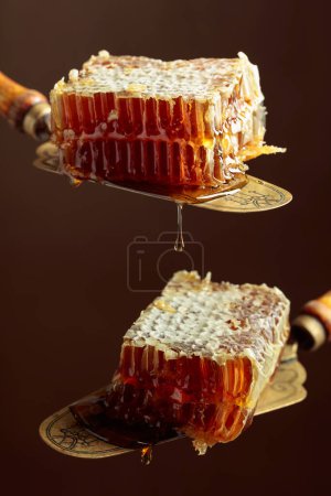 Téléchargez les photos : Close-up of honeycombs on an antique brass spatula. - en image libre de droit