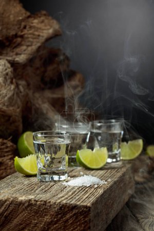 Foto de Tequila with salt and lime slices on an old wooden board. - Imagen libre de derechos