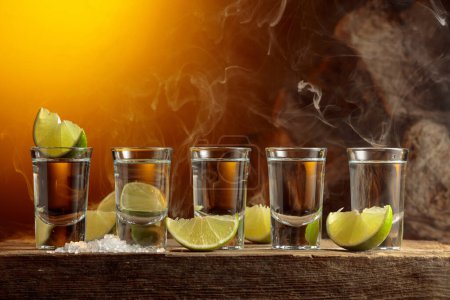 Téléchargez les photos : Tequila with salt and lime slices in smoke on a background of sunset. Copy space. - en image libre de droit