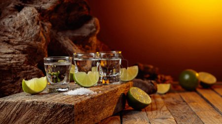 Téléchargez les photos : Tequila with salt and lime slices on an old wooden table. Copy space. - en image libre de droit