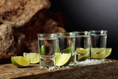 Téléchargez les photos : Silver Tequila with salt and lime slices on an old wooden board. - en image libre de droit