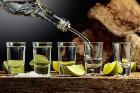 Foto de Tequila is poured from a bottle into a glass. Silver Tequila with salt and lime slices on an old wooden board. - Imagen libre de derechos