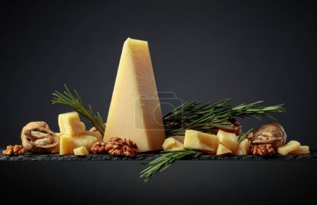 Foto de Parmesan cheese with rosemary and walnuts on a black background. - Imagen libre de derechos