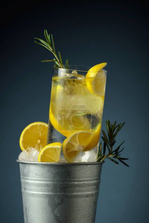 Téléchargez les photos : Cocktail gin tonique avec glace, citron et romarin dans un seau métallique avec glace. - en image libre de droit