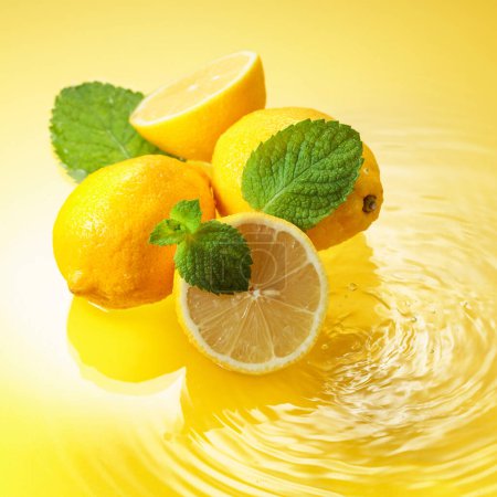 Foto de Ripe juicy lemons with mint on a yellow background with water splashes. - Imagen libre de derechos
