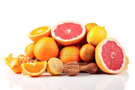 Foto de Los cítricos están aislados sobre fondo blanco. Se presentan naranjas, pomelos, limones y mandarinas. - Imagen libre de derechos