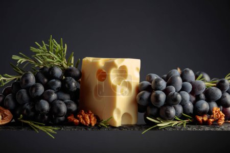 Photo for Maasdam cheese with walnuts, blue grapes, and rosemary on a black background. - Royalty Free Image