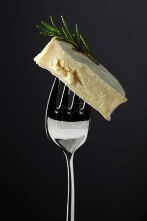 Foto de Pedazo de queso Camembert con romero sobre fondo negro. - Imagen libre de derechos