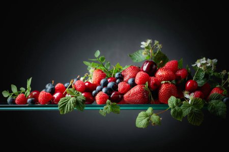 Photo for Berries closeup colorful assorted mix of strawberry, blueberry, raspberry and sweet cherry on a glass table. Various juicy berries with leaves. Copy space. - Royalty Free Image