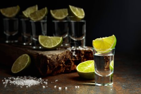 Téléchargez les photos : Tequila shots avec citron vert et sel sur un fond rustique. Espace de copie. - en image libre de droit