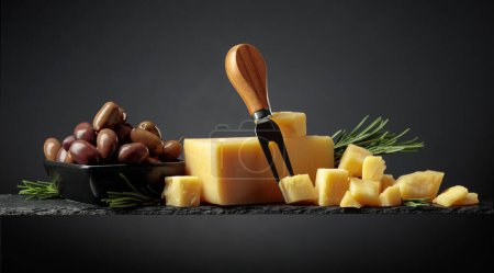 Foto de Parmesan cheese with fork, olives, and rosemary on a black background. - Imagen libre de derechos