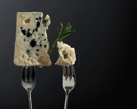 Photo for Blue cheese with rosemary on forks. Copy space. - Royalty Free Image