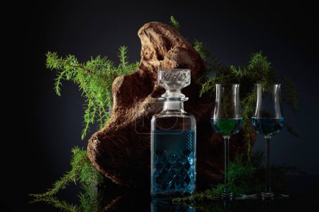 Foto de Blue gin on a black background. Juniper branches and old driftwood are in the background. - Imagen libre de derechos