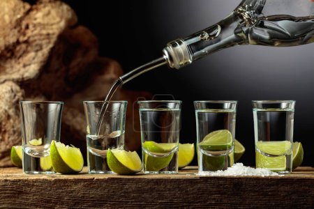 Photo for Tequila is poured from a bottle into a glass. A strong alcoholic drink with salt and lime slices on an old wooden board. - Royalty Free Image