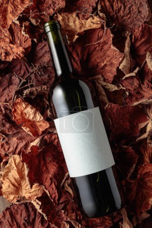 Téléchargez les photos : Bottle of red wine with empty label on dried-up vine leaves. Top view. - en image libre de droit