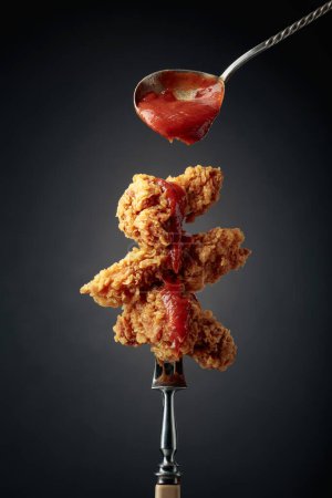 Photo for Delicious crispy fried chicken with tomato sauce. Fried chicken with ketchup on a fork. - Royalty Free Image