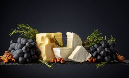 Photo for Cheese with walnuts, blue grapes, and rosemary on a dark background. Copy space. - Royalty Free Image