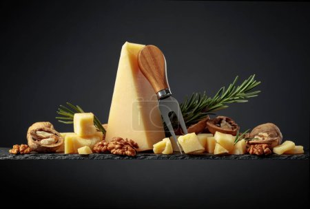 Photo for Parmesan cheese with fork, rosemary, and walnuts on a black background. - Royalty Free Image