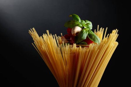 Téléchargez les photos : Spaghetti cru à la tomate, à l'ail et au basilic sur fond noir. - en image libre de droit