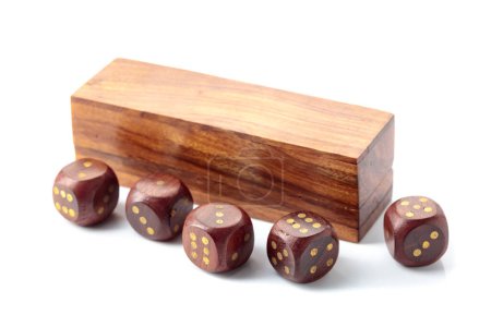 Photo for The old wooden dice with the box is isolated on a white background. - Royalty Free Image