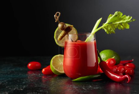 Foto de Cóctel Bloody Mary decorado con pepinillo, olivo, lima y apio. Bebida de tomate con ingredientes sobre fondo negro. Copiar espacio. - Imagen libre de derechos