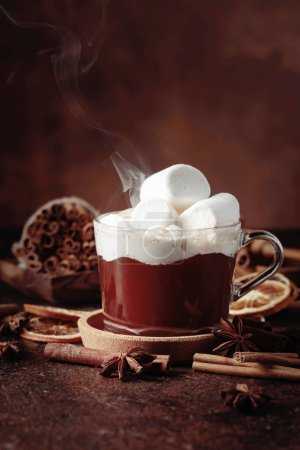 Téléchargez les photos : Chocolat chaud avec guimauves. Boisson d'hiver aux épices sur fond brun foncé. - en image libre de droit