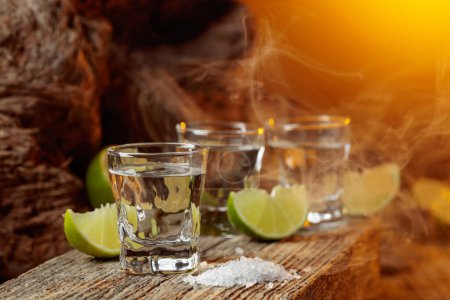 Téléchargez les photos : Tequila with salt and lime slices on an old wooden board. - en image libre de droit