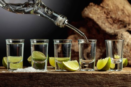 Téléchargez les photos : Tequila is poured from a bottle into a glass. A strong alcoholic drink with salt and lime slices on an old wooden board. - en image libre de droit