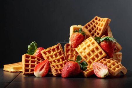 Photo for Belgian waffles with strawberries on a black ceramic table. Copy space. - Royalty Free Image