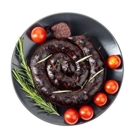 Photo for Black pudding or blood sausage with rosemary and tomatoes on a black plate. Isolated on a white backround. - Royalty Free Image
