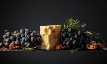 Photo for Maasdam cheese with walnuts, blue grapes, and rosemary on a black background. - Royalty Free Image