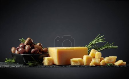 Foto de Parmesan cheese with olives and rosemary on a black background. - Imagen libre de derechos