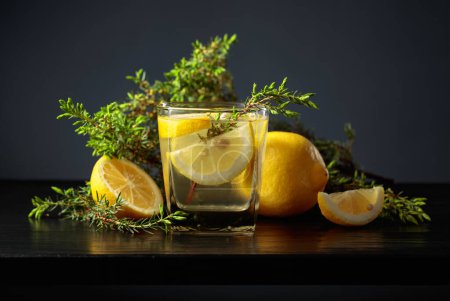 Photo for Cocktail Gin-tonic with ice, lemon, and juniper branches on a black wooden table. - Royalty Free Image