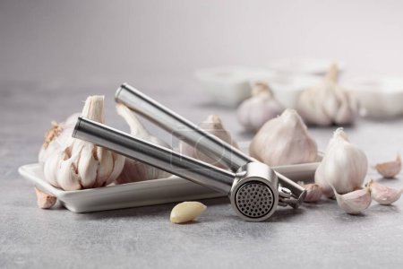 Foto de Garlic and garlic press on a grey stone table. - Imagen libre de derechos