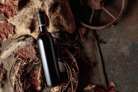 Téléchargez les photos : Bouteille de vin rouge sur fond rustique vintage avec vieux bois et feuilles de vigne séchées. Concept de vieux vin. Espace de copie. - en image libre de droit
