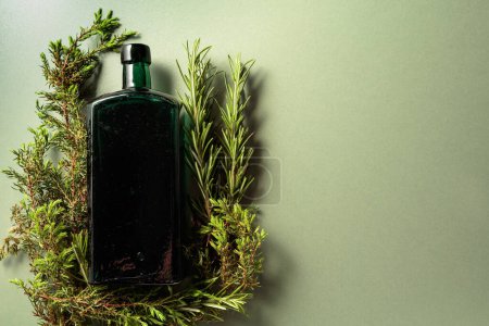 Foto de Botella vintage con ramas de enebro y romero. Copiar espacio. Imagen del tema de la medicina herbal. - Imagen libre de derechos