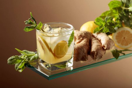 Foto de Refrescante cóctel de verano con hielo natural, jengibre, limón y menta. - Imagen libre de derechos