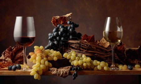 Téléchargez les photos : Verres de vin blanc et rouge avec des grappes de raisins sur une table en bois. Espace de copie. - en image libre de droit