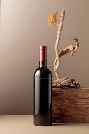 Photo for Bottle of red wine with a composition of old wood. Minimalistic composition with beige background for product branding, identity, and packaging. Copy space. - Royalty Free Image