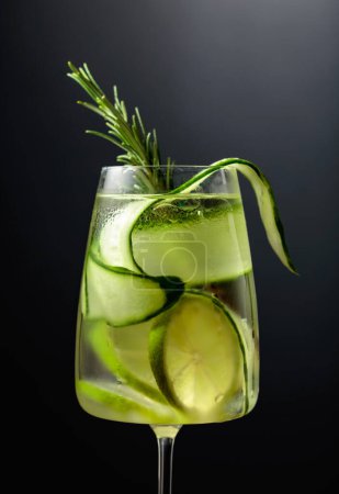 Téléchargez les photos : Gin tonic avec glace, romarin, lime et concombre en verre dépoli. Verre avec un cocktail sur fond noir. - en image libre de droit