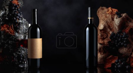 Photo for Bottles of red wine. In the background old snag, stone, and grapes with dried-up vine leaves. Copy space. - Royalty Free Image