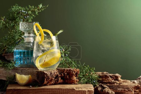 Foto de Cóctel gin-tonic con hielo, limón y romero en un vaso congelado. Una bebida refrescante con ramas de enebro sobre una vieja tabla. Fondo verde con espacio de copia. - Imagen libre de derechos