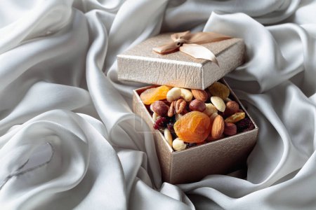 Photo for Dried fruits and nuts in a gift box on a grey cloth. - Royalty Free Image