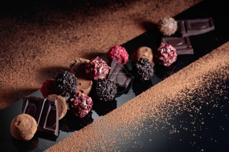 Photo for Various chocolate sprinkled with cocoa powder on a black reflective background. - Royalty Free Image