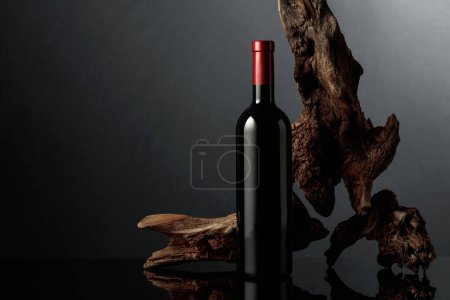 Photo for Bottle of red wine on a black reflective background. In the background old weathered snag. Frontal view with space for your text. - Royalty Free Image