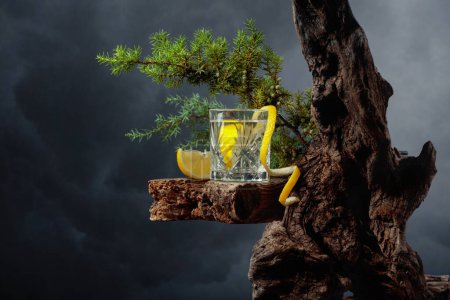 Photo for Cocktail gin-tonic with lemon in a crystal glass on an old board. In the background old snags, juniper branches with berries, and a cloudy sky. - Royalty Free Image